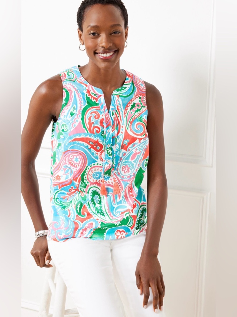 Talbots Tie Neck Shell Women's Small Vibrant Paisley